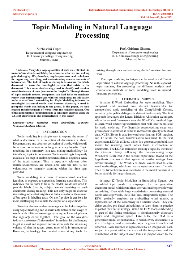 (PDF) Topic Modeling in Natural Language Processing