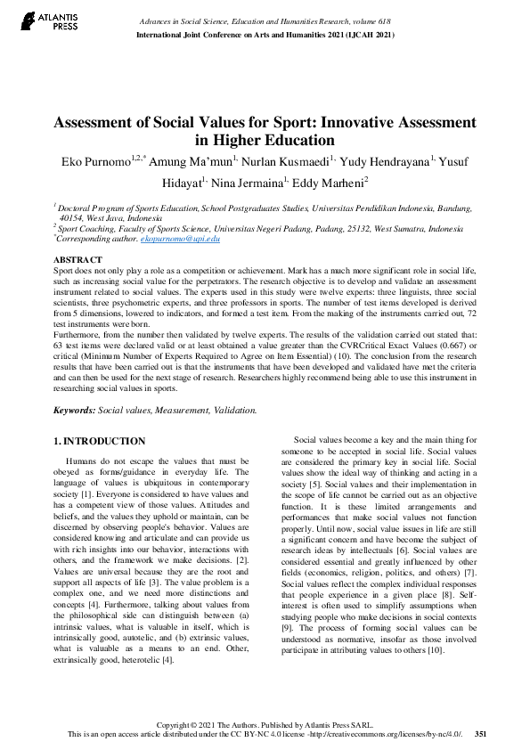 (PDF) Assessment of Social Values for Sport: Innovative Assessment in ...