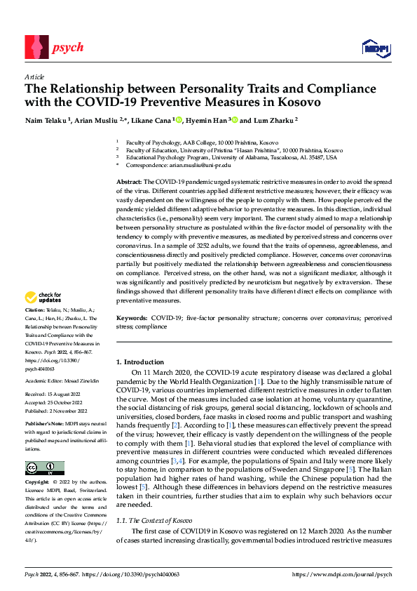 (PDF) The Relationship between Personality Traits and Compliance with ...