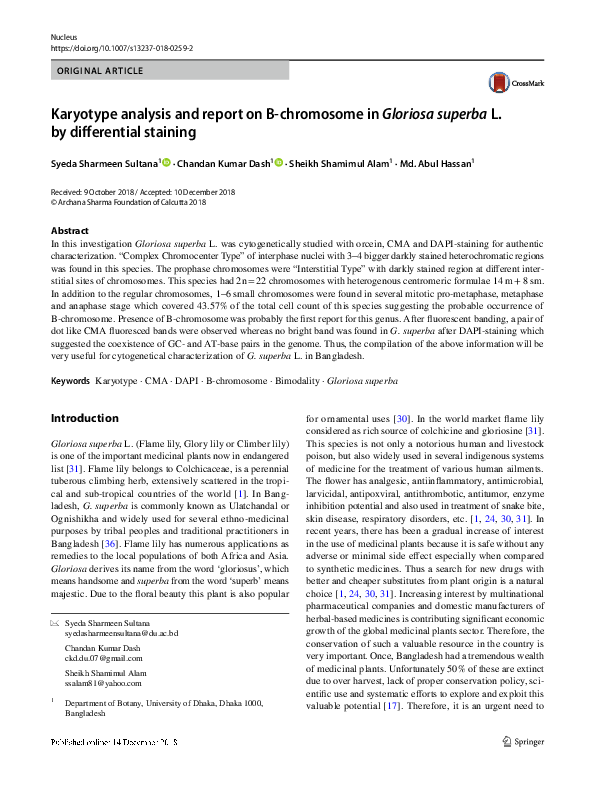 (PDF) Karyotype analysis and report on B-chromosome in Gloriosa superba ...