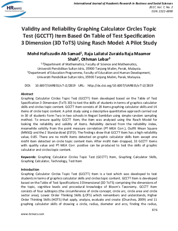 (PDF) Validity and Reliability Graphing Calculator Circles Topic Test ...