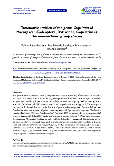(PDF) Taxonomic revision of the genus Copelatus of Madagascar