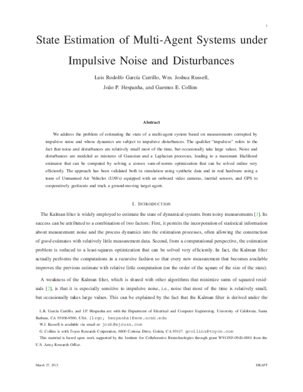 (PDF) State Estimation of Multiagent Systems Under Impulsive Noise and ...