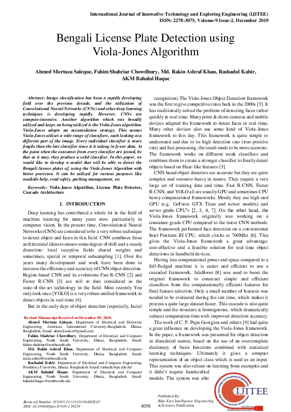 (PDF) Bengali License Plate Detection using ViolaJones Algorithm