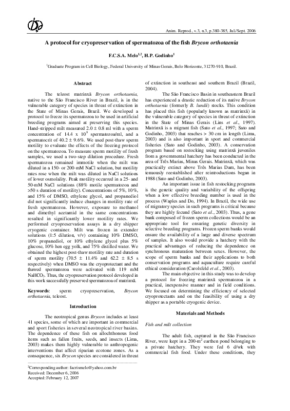 (PDF) A protocol for cryopreservation of spermatozoa of the fish Brycon