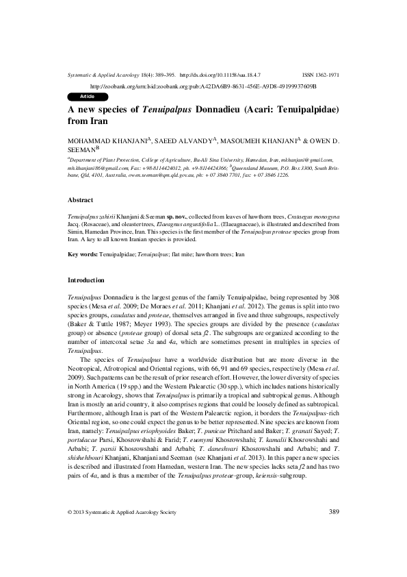 A new species of <em>Tenuipalpus</em> Donnadieu (Acari: Tenuipalpidae) from Iran