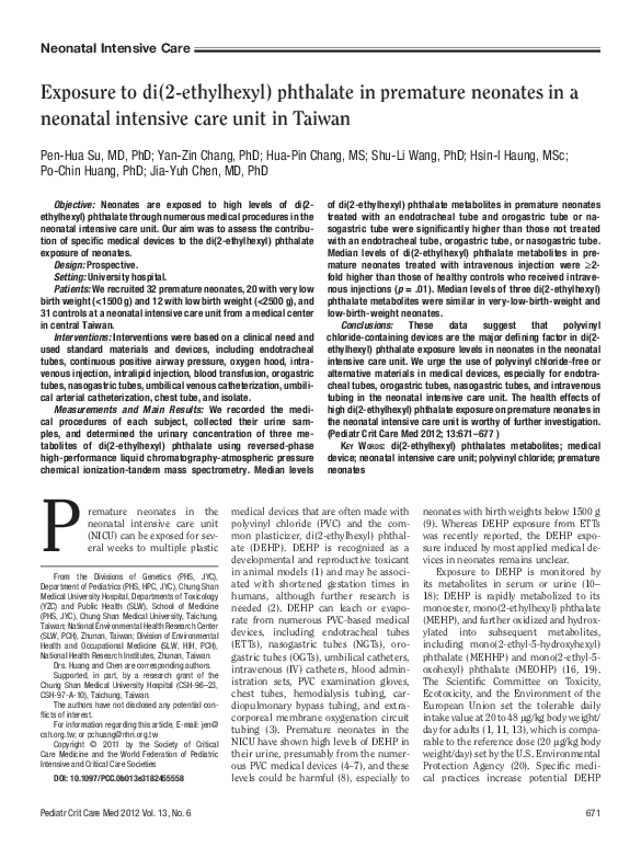 (PDF) Exposure to di(2-ethylhexyl) phthalate in premature neonates in a ...