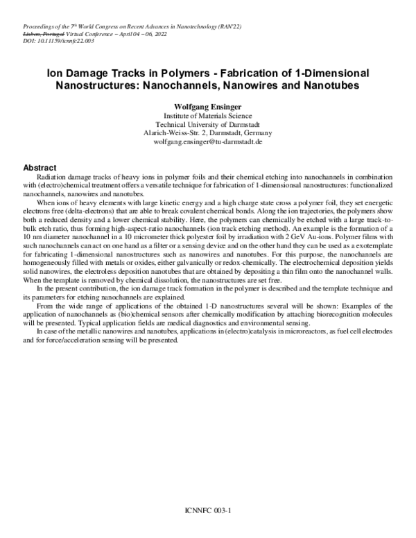 (PDF) Ion Damage Tracks in Polymers - Fabrication of 1-Dimensional ...