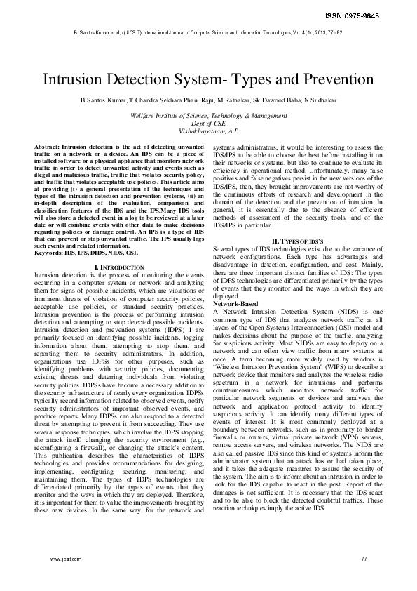 (PDF) Intrusion Detection System-Types and Prevention