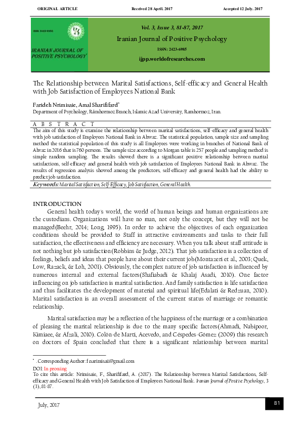 (PDF) The Relationship between Marital Satisfactions, Self-efficacy and ...