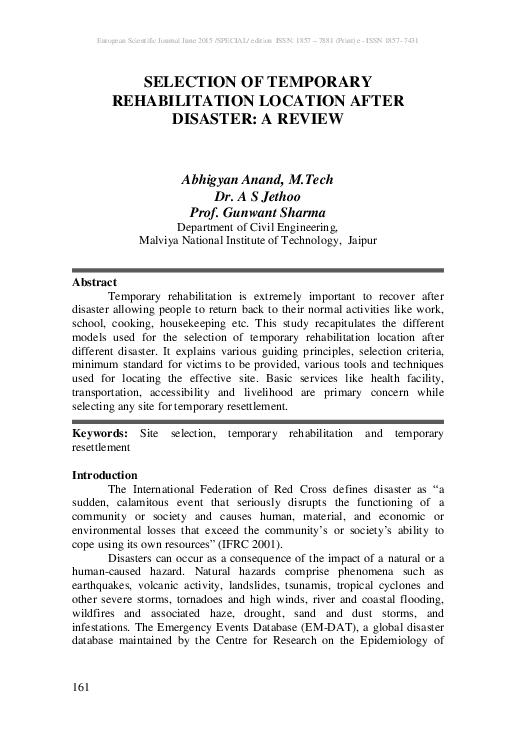 (PDF) Selection of Temporary Rehabilitation Location After Disaster: A ...