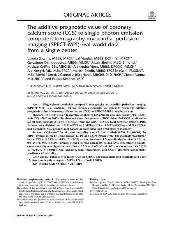 (PDF) The additive prognostic value of coronary calcium score (CCS) to ...