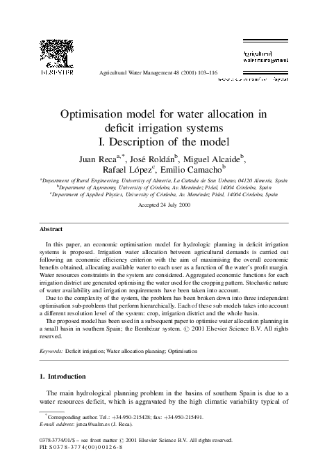 (PDF) Optimisation model for water allocation in deficit irrigation systems