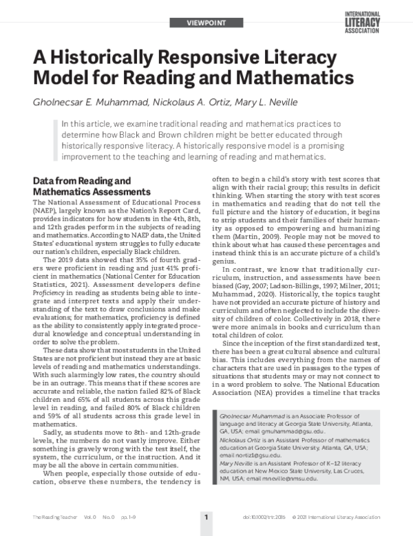 (PDF) A Historically Responsive Literacy Model for Reading and