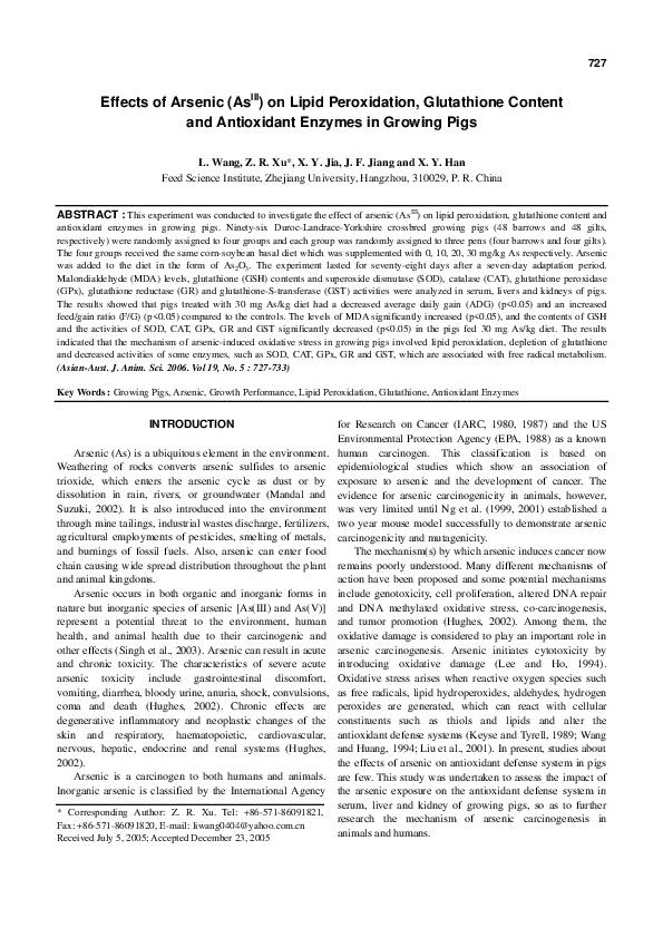 PDF) Effects of Arsenic (AsIII) on Lipid Peroxidation, Glutathione Content  and Antioxidant Enzymes in Growing Pigs
