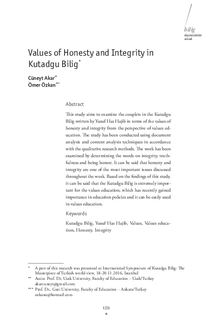 (PDF) Values of Honesty and Integrity in Kutadgu Bilig