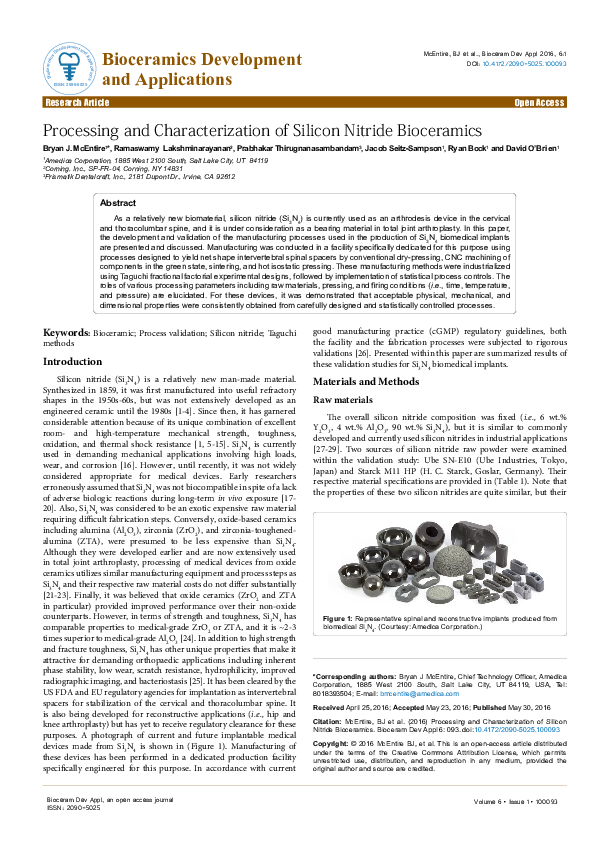 (PDF) Processing and Characterization of Silicon Nitride Bioceramics