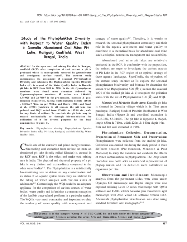 (PDF) Study of the Phytoplankton Diversity with Respect to Water ...