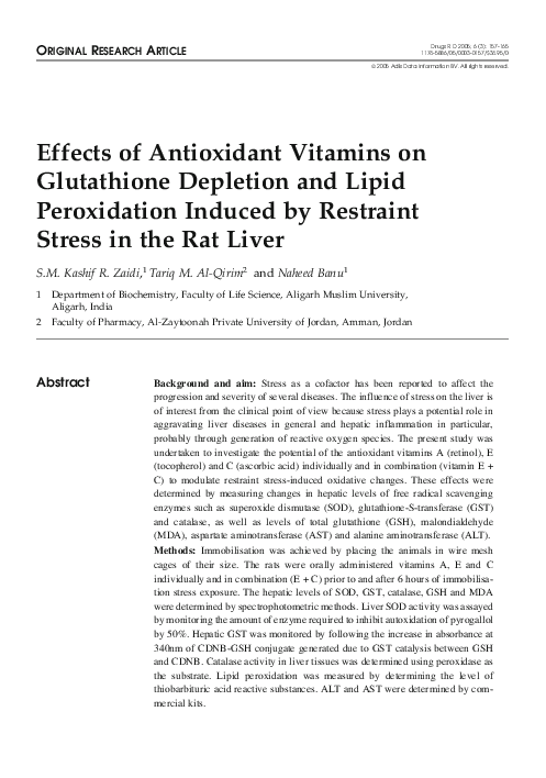 PDF) Effects of Antioxidant Vitamins on Glutathione Depletion and Lipid  Peroxidation Induced by Restraint Stress in the Rat Liver