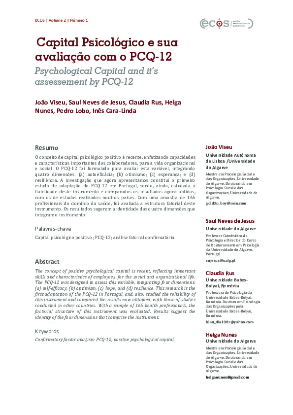 (PDF) Capital Psicológico e sua avaliação com o PCQ-12 | Viseu