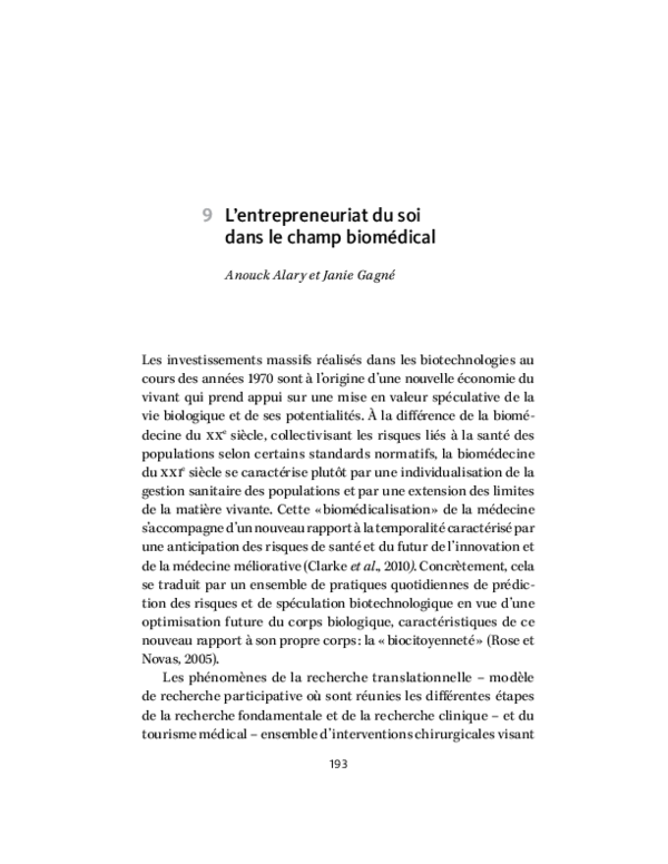 (PDF) L'entrepreneuriat du soi dans le champ biomédical