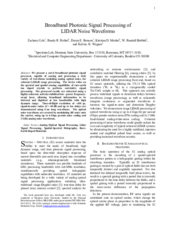 (PDF) Broadband Photonic Signal Processing of LIDAR Noise Waveforms