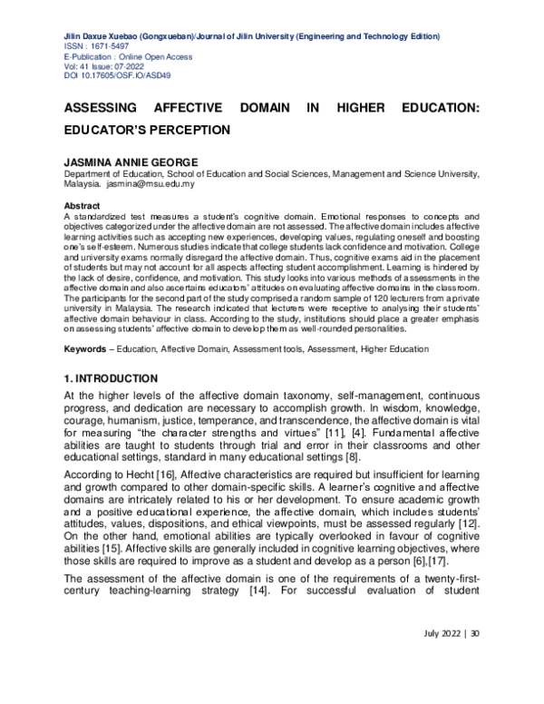 (PDF) ASSESSING AFFECTIVE DOMAIN IN HIGHER EDUCATION: EDUCATOR'S PERCEPTION