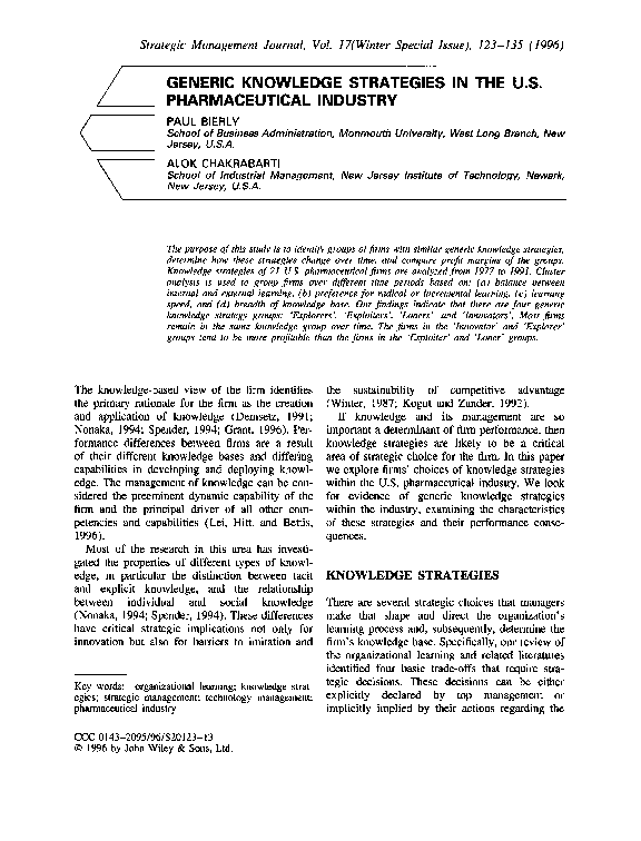 (PDF) Generic knowledge strategies in the U.S. pharmaceutical industry