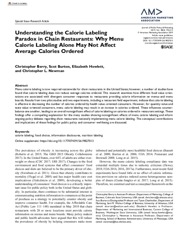 (PDF) Understanding the Calorie Labeling Paradox in Chain Restaurants ...