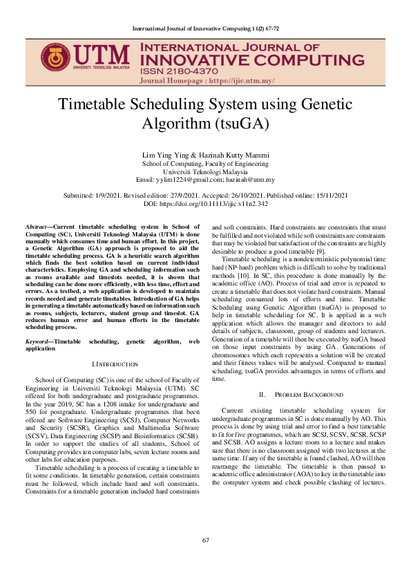 (PDF) Timetable Scheduling System using Genetic Algorithm for School of ...