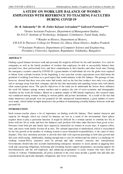 (PDF) A STUDY ON WORK LIFE BALANCE OF WOMEN EMPLOYEES WITH REFERENCE TO ...