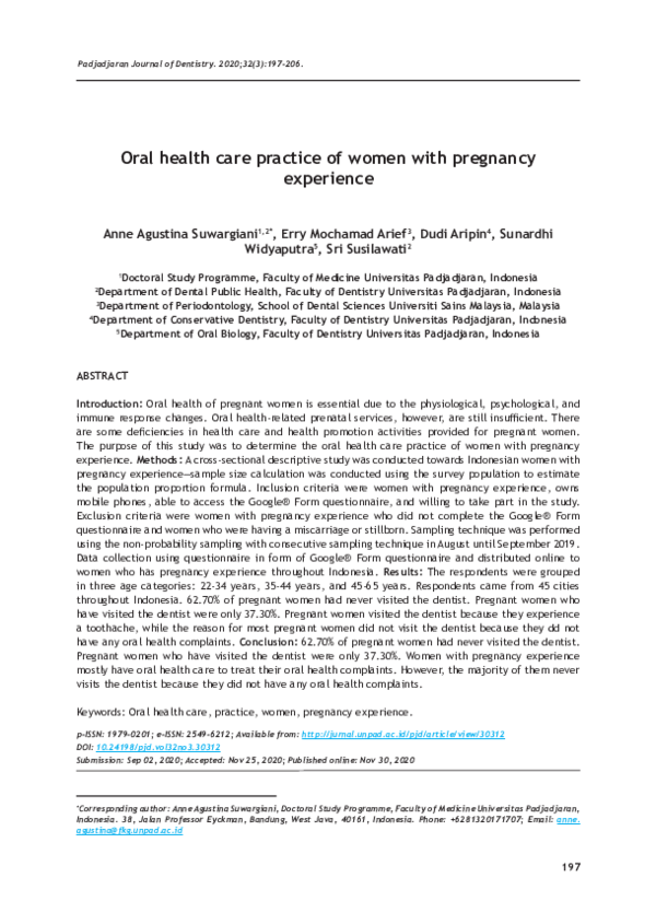 (PDF) Oral health care practice of women with pregnancy experience
