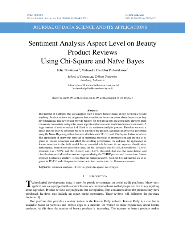 (PDF) Analysis Sentiment Aspect Level on Beauty Product Reviews Using ...