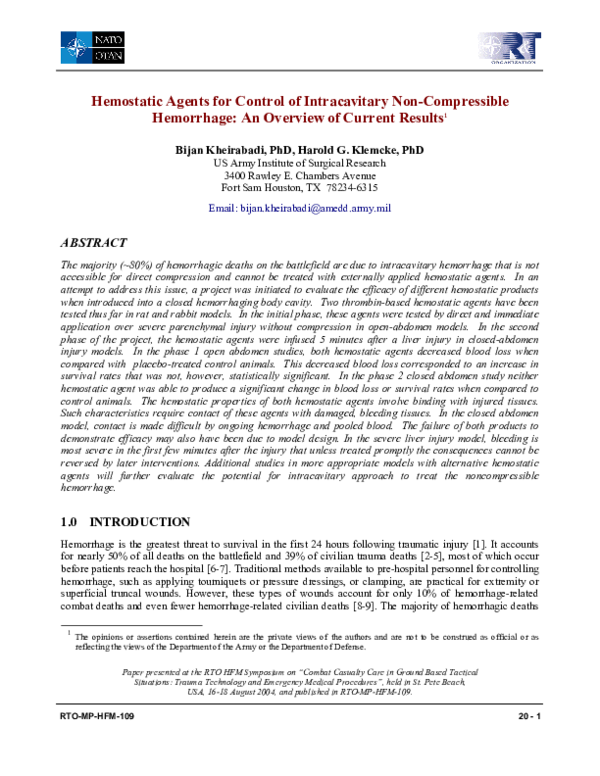 (PDF) Hemostatic Agents for Control of Intracavitary Non-Compressible ...