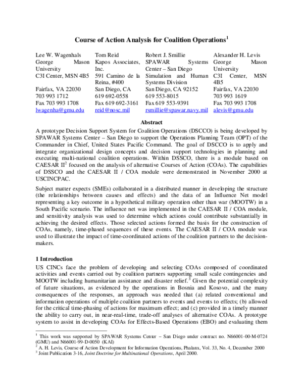 (PDF) Course of action analysis for coalition operations
