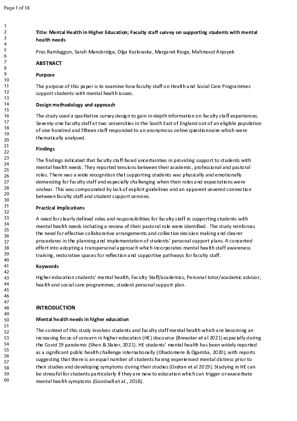 (PDF) Mental health in higher education: faculty staff survey on ...