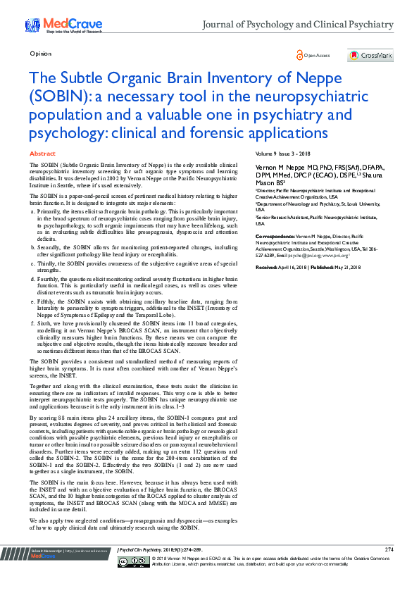 (PDF) The Subtle Organic Brain Inventory of Neppe (SOBIN): a necessary ...
