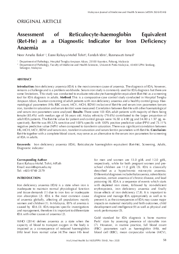 (PDF) Assessment of reticulocyte-haemoglobin equivalent (Ret-He) as a ...