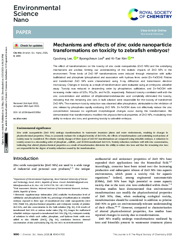 (PDF) Mechanisms and effects of zinc oxide nanoparticle transformations ...
