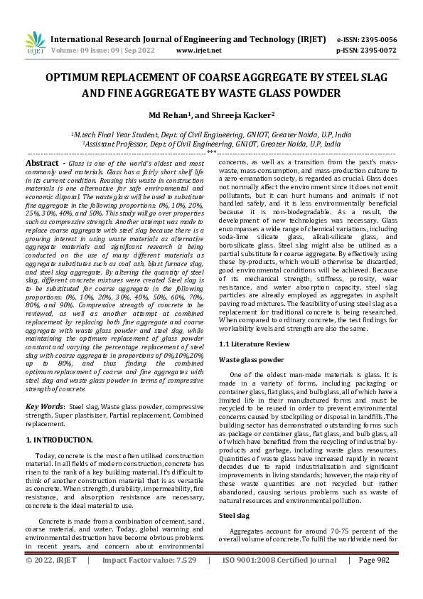 (PDF) OPTIMUM REPLACEMENT OF COARSE AGGREGATE BY STEEL SLAG AND FINE ...