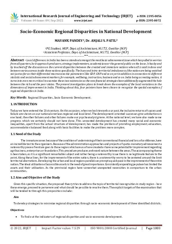 (PDF) Socio-Economic Regional Disparities in National Development