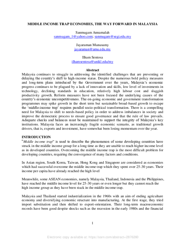 (PDF) Middle Income Trap Economies, the Way Forward in Malaysia