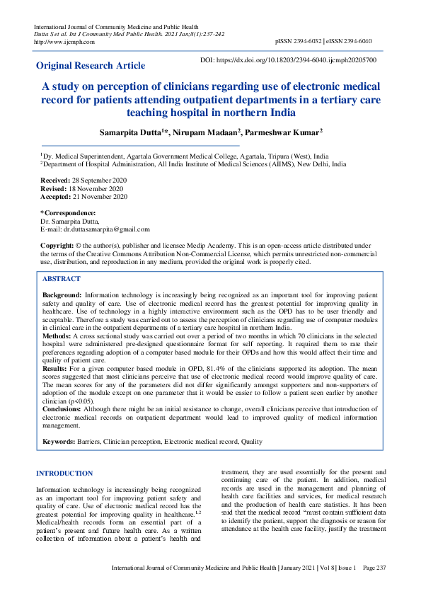 (PDF) A study on perception of clinicians regarding use of electronic ...