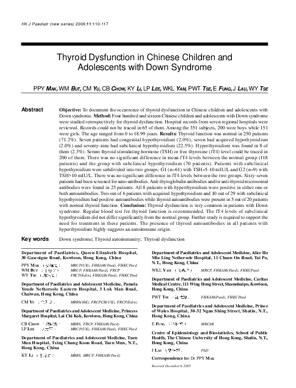 (PDF) Thyroid Dysfunction in Chinese Children and Adolescents with Down ...