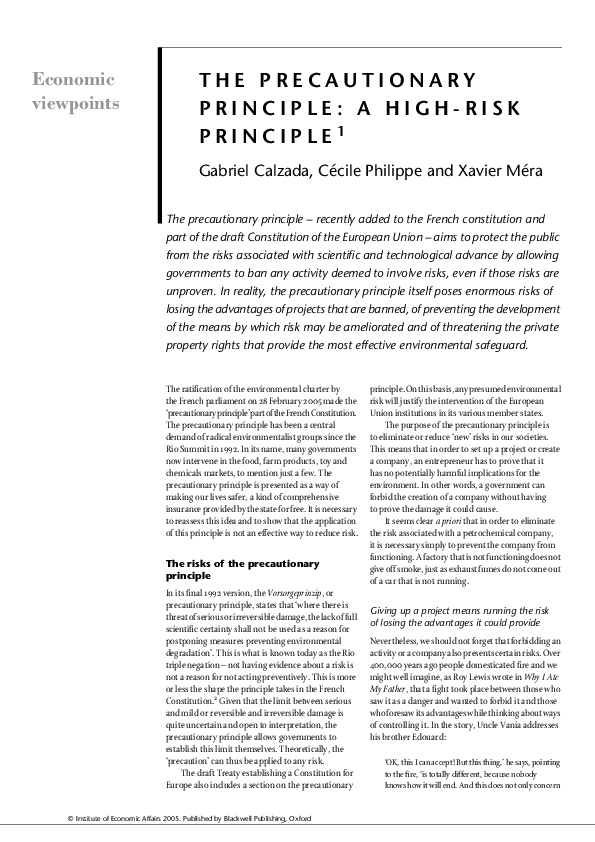 (PDF) The Precautionary Principle: A High-Risk PRINCIPLE1