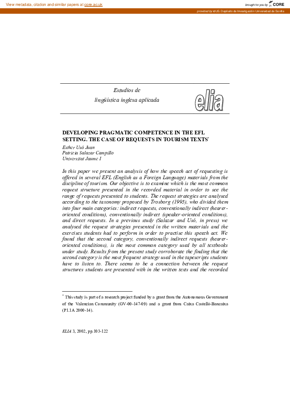 (PDF) Developing Pragmatic Competence in the Efl Setting. The Case of ...