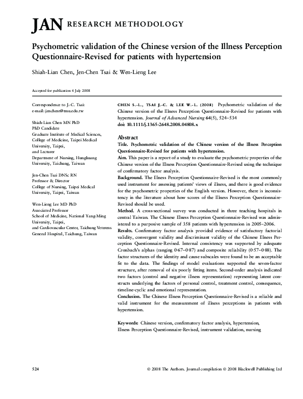 (PDF) Psychometric validation of the Chinese version of the Illness ...