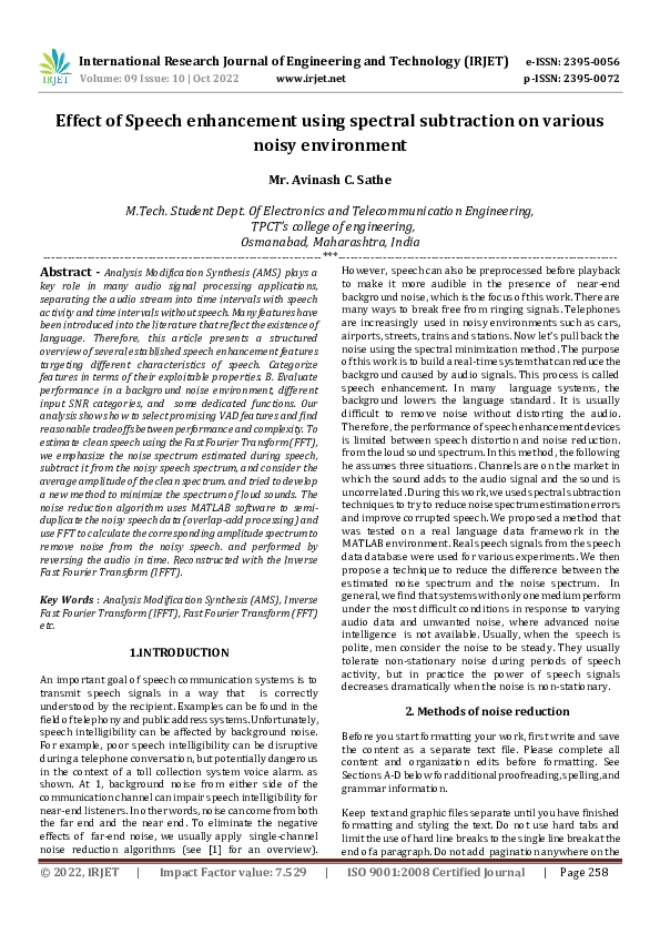 (PDF) Effect of Speech enhancement using spectral subtraction on ...