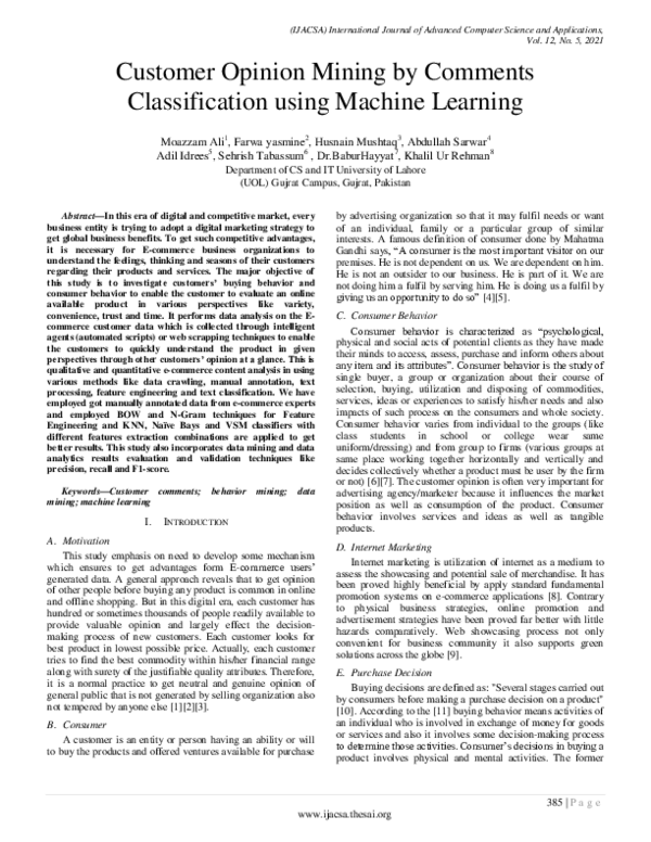 (PDF) Customer Opinion Mining by Comments Classification using Machine ...