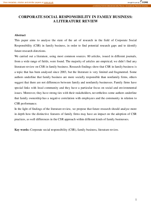 (PDF) Corporate Social Responsibility in Family Business: a literature ...
